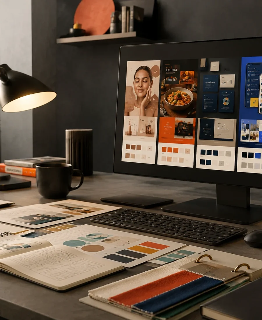Mesa de trabajo con bocetos y muestras visuales